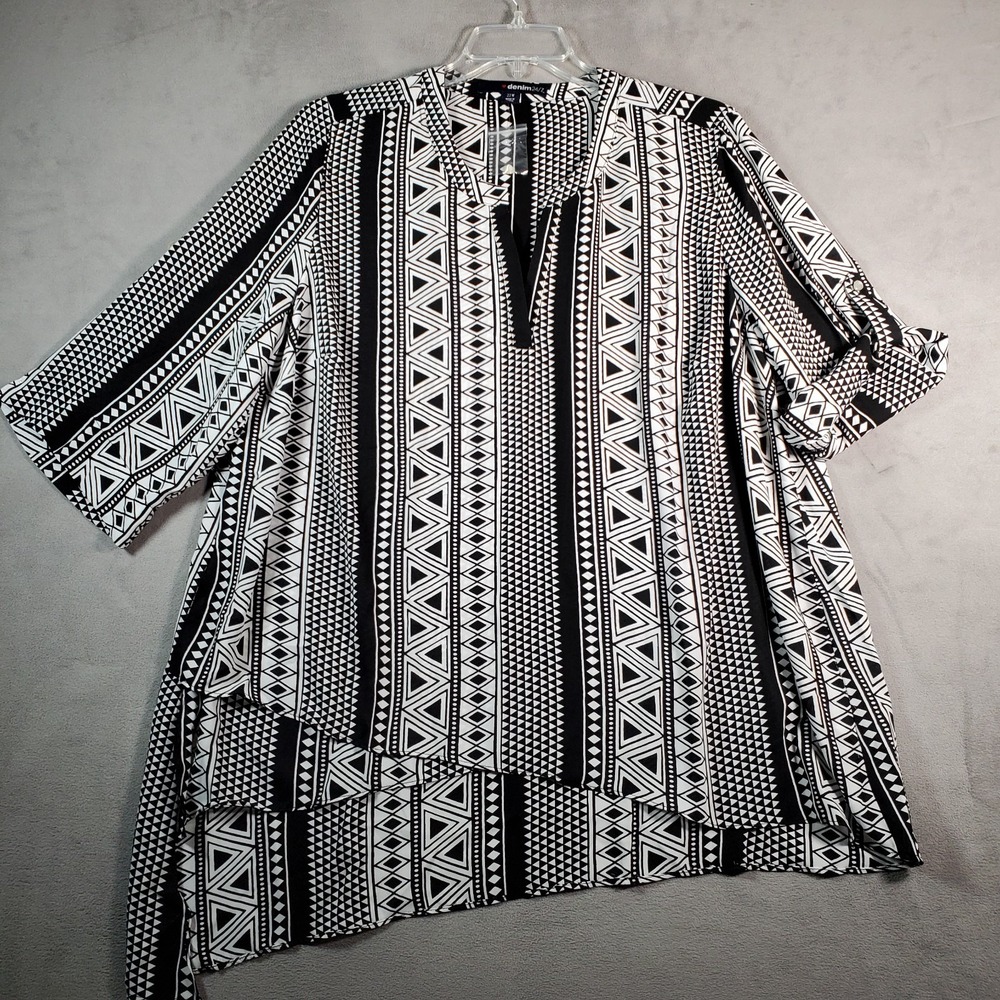 Denim 24/7 Top Womens 22W‎ Black White Geometric Tribal Asymmetrical Boho NWOT
